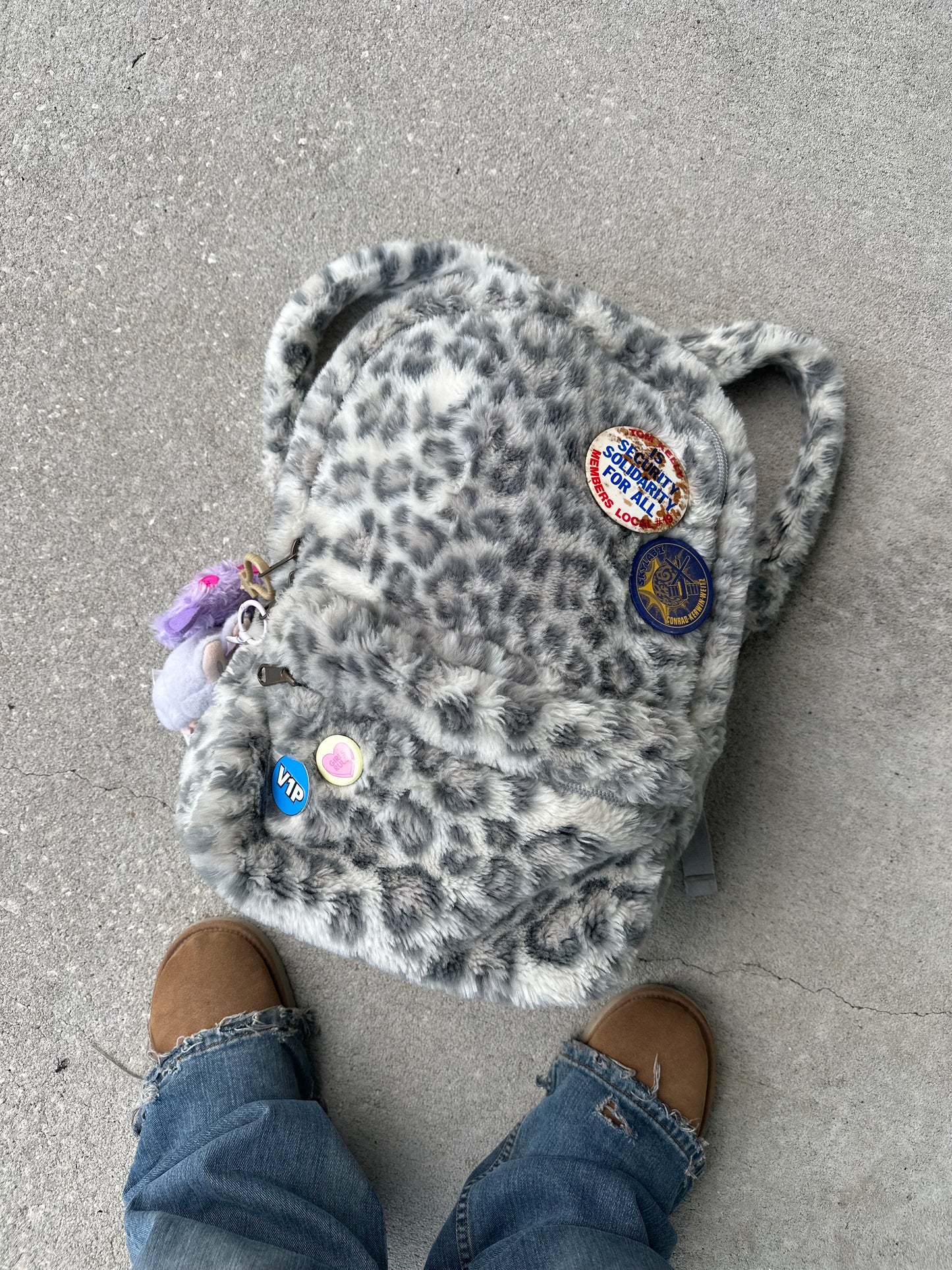 “SNOW JAG” fuzzy backpack bag